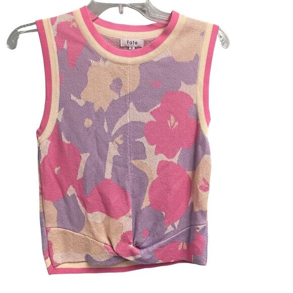 Fate Size Small Pink Purple Floral Knit Top Sleeveless Tank Blouse Twist Front - Picture 1 of 5